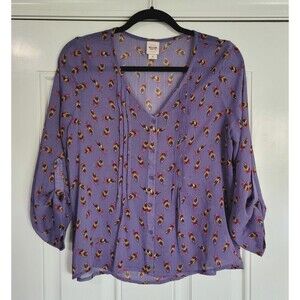 Mossimo Juniors Large Purple Feather Boho Semi Sheer Roll Tab Button Up Blouse